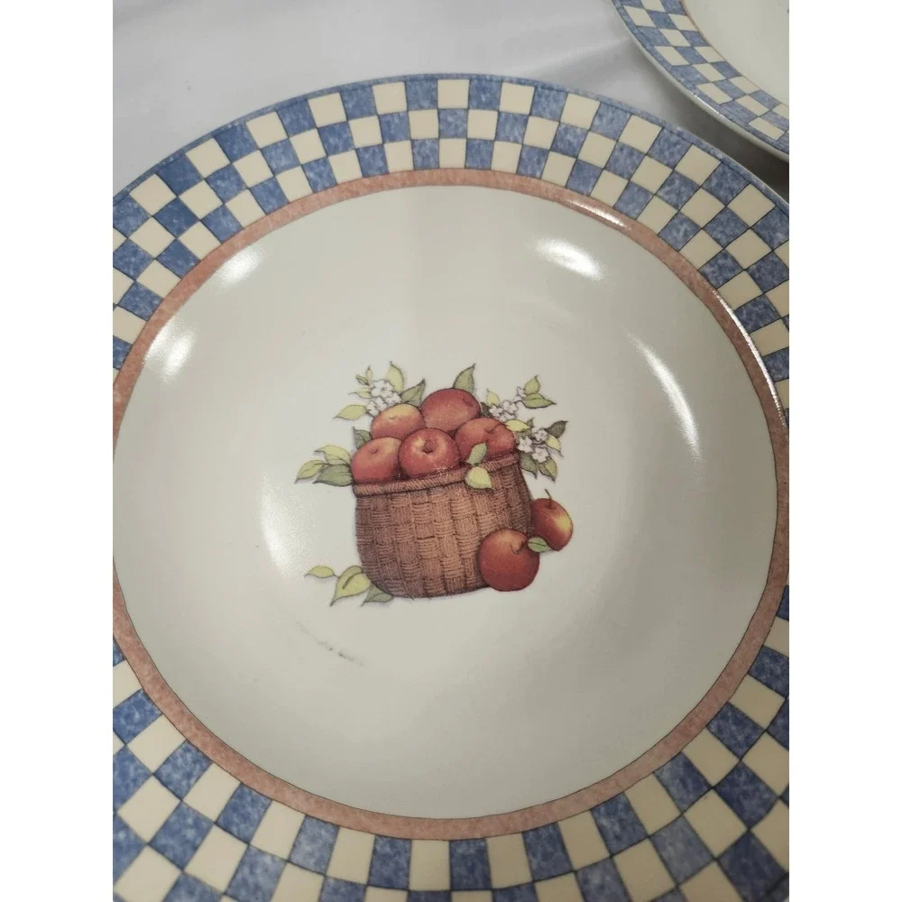 International Tableworks Apple Basket Susan Winget Stoneware Set Blue Checkered